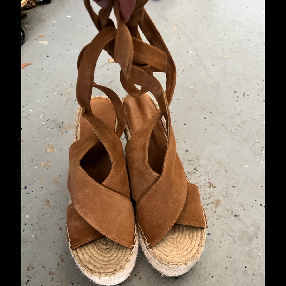 Marc Fisher wedges with wrap around strap.